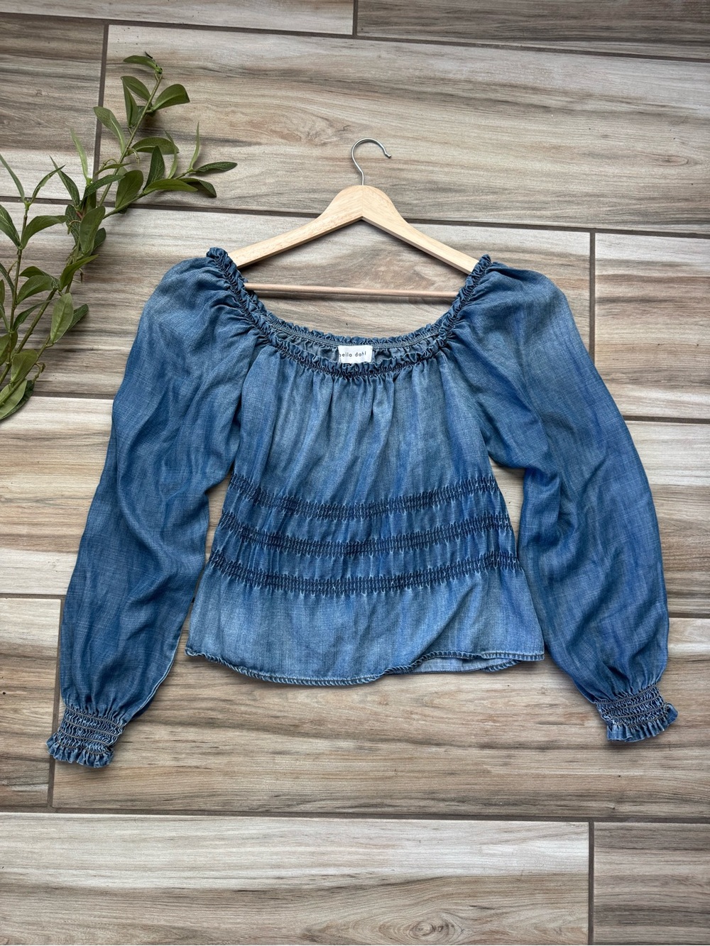 Bella Dahl Blue Chambray Smocked Blouse Puff Sleeve Peasant Boho Oversized S